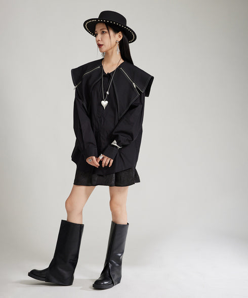 Zipper Big Collar Blouse